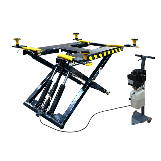The AMGO MR06 6,000 lbs Mid-Rise Portable Scissor Lift from AMGO Hydraulics features a platform, four adjustable arms, and a control unit, making it ideal for vehicle maintenance. Its portable scissor lift design ensures convenience and versatility.