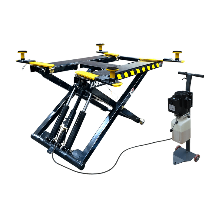 The AMGO MR06 6,000 lbs Mid-Rise Portable Scissor Lift from AMGO Hydraulics features a platform, four adjustable arms, and a control unit, making it ideal for vehicle maintenance. Its portable scissor lift design ensures convenience and versatility.
