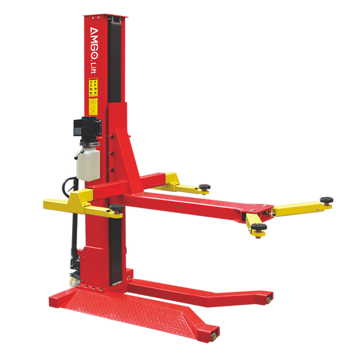 The AMGO Hydraulics SML-7 7,000 lbs Single Post Lift, featuring a red and yellow design and two adjustable arms, is ideal for vehicle maintenance with its 7000lbs capacity.