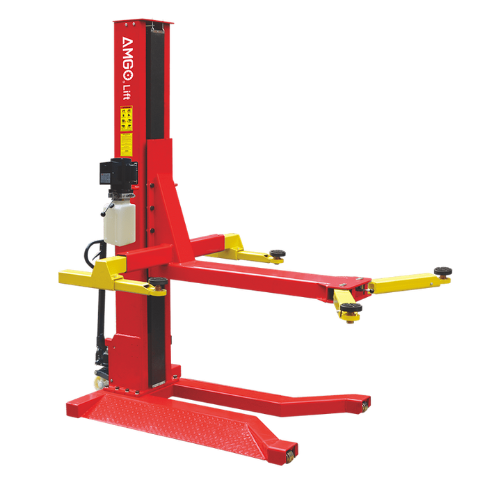 The AMGO Hydraulics SML-7 7,000 lbs Single Post Lift, featuring a red and yellow design and two adjustable arms, is ideal for vehicle maintenance with its 7000lbs capacity.