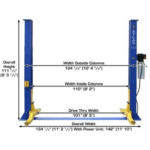 Atlas 9KBPX 9,000 lb Baseplate 2 Post Lift w/ LMA Combo width