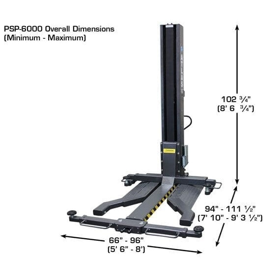 Atlas PSP-6000 6,000 lb Portable Single Post Lift Dimensions
