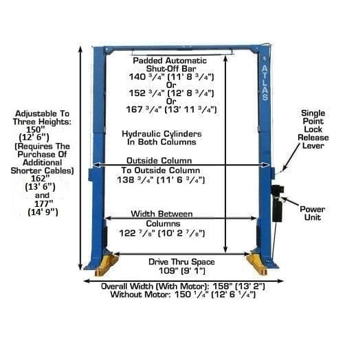 Atlas PV15PX 15,000 lb Overhead 2-Post Lift Specifications