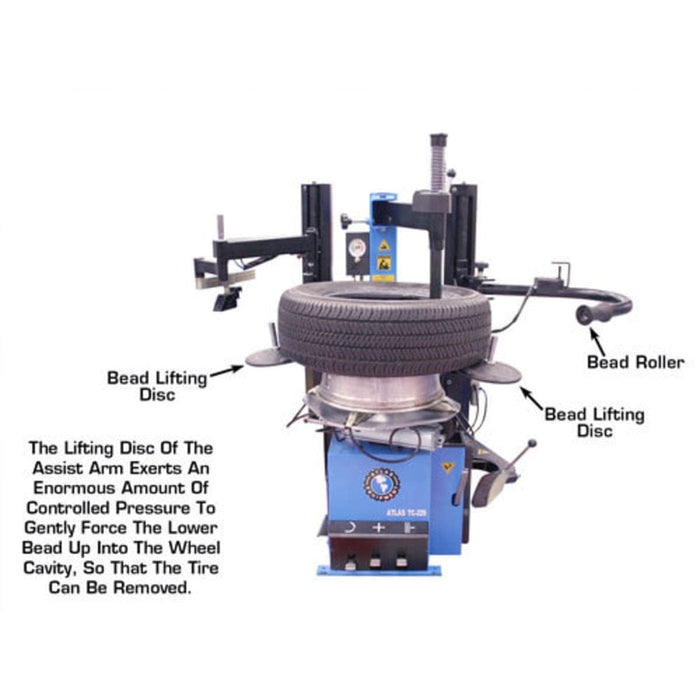 Atlas TC229DAA Rim-Clamp Tire Changer w/ Dual Assist Arms with a lifting disc