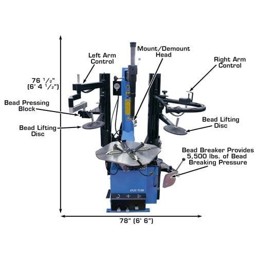 Atlas TC289DAA Extra Large Rim-Clamp Tire Changer w/ Dual Assist Arms Product Features