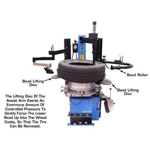 Atlas TC289DAA Extra Large Rim-Clamp Tire Changer w/ Dual Assist Arms with a lifting disc