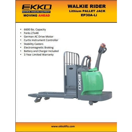 EKKO EP30A-LI Lithium Rider Pallet Jack 6600lbs. Capacity - Product Features