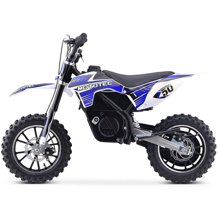 Side view of a blue and white MotoTec 24v 500w Gazella Electric Dirt Bike featuring knobby tires, a "250" number decal, and a powerful 24v 500w motor.