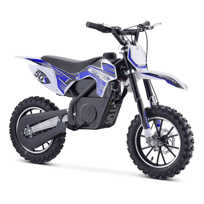 A MotoTec 24v 500w Gazella Electric Dirt Bike in white and blue, featuring thick, rugged tires and the "MotoTec" text on its body, powered by a robust 24v 500w motor.
