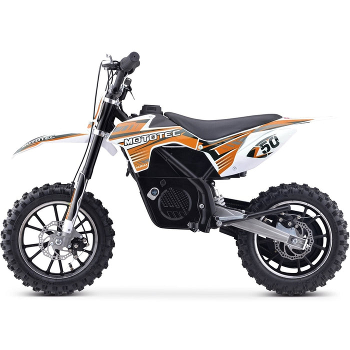 Side view of the MotoTec 24v 500w Gazella Electric Dirt Bike featuring a black and white design with orange accents, thick tires, and a number 50 decal on the side. Powered by a 24v 500w motor.