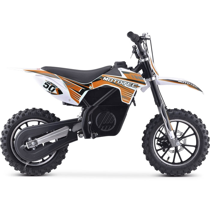 A side view of a MotoTec 24v 500w Gazella Electric Dirt Bike in orange and white with knobby tires on a white background.