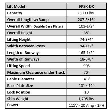 Tuxedo FP8K-DX 8,000 lb Deluxe Storage Lift -specifications