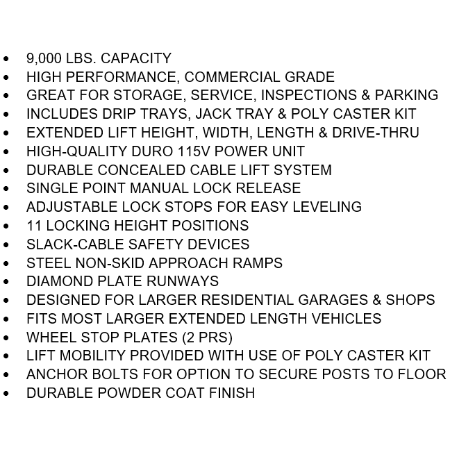 Tuxedo FP9K-DX-XLT 9,000 lb Deluxe Storage Lift Extended Length / Height - Features