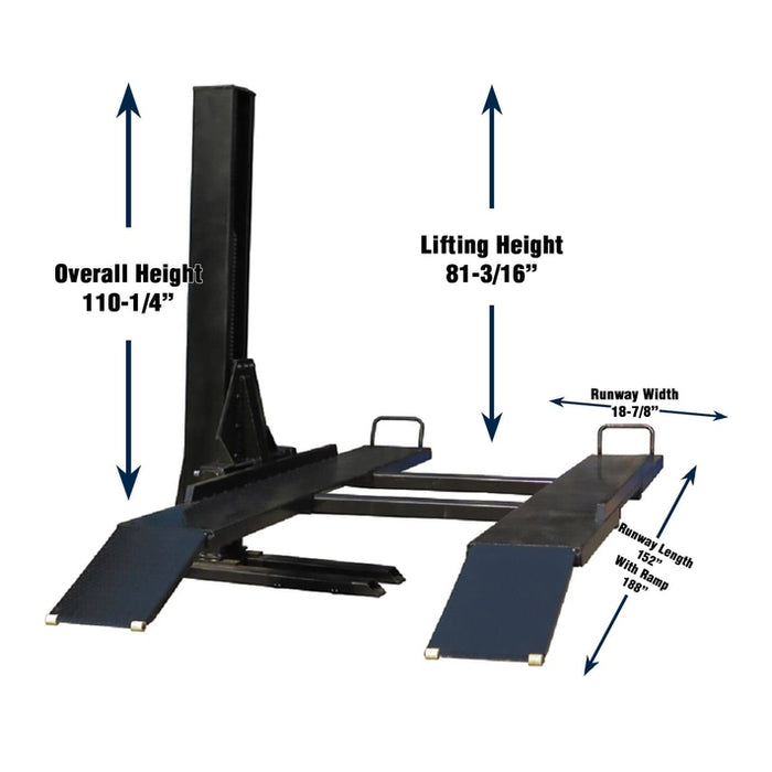 Tuxedo SP-6K-SS 6,000 lb Single Post Storage Lift measurements