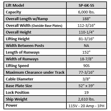 Tuxedo SP-6K-SS 6,000 lb Single Post Storage Lift specifications