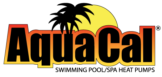 AquaCal logo with sunset gradient text and palm tree silhouette.