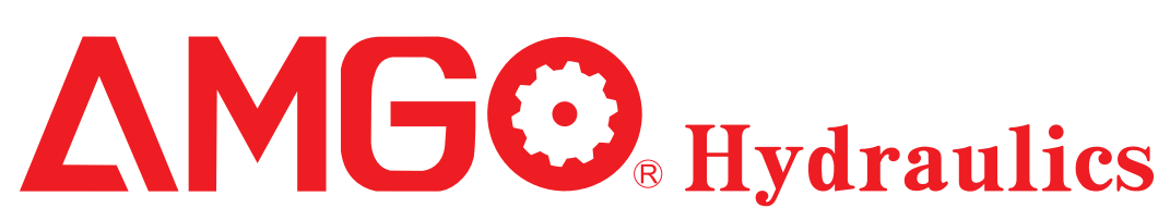 AMGO Hydraulics logo with AMGO in red, featuring a gear icon in the letter "O.