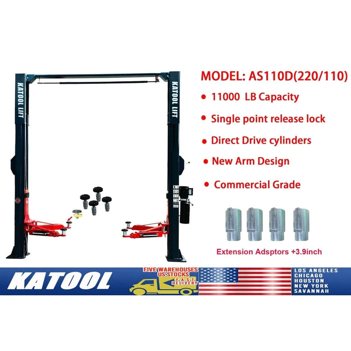 Katool KT-AS110D Two Post Asymmetrical Vehicle Lift 11,000lbs Single Point Lock Release