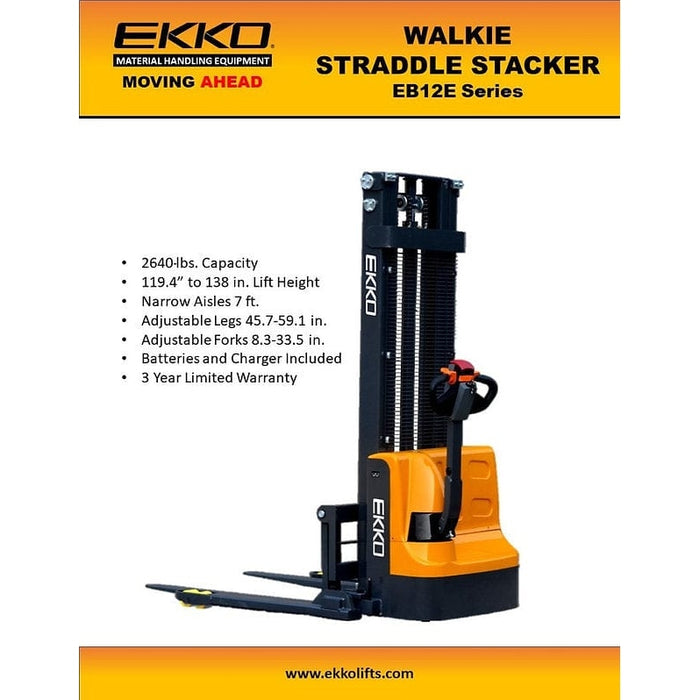 EKKO EB12E-138 Full Powered Straddle Stacker 2640 lb Cap., 138" Height