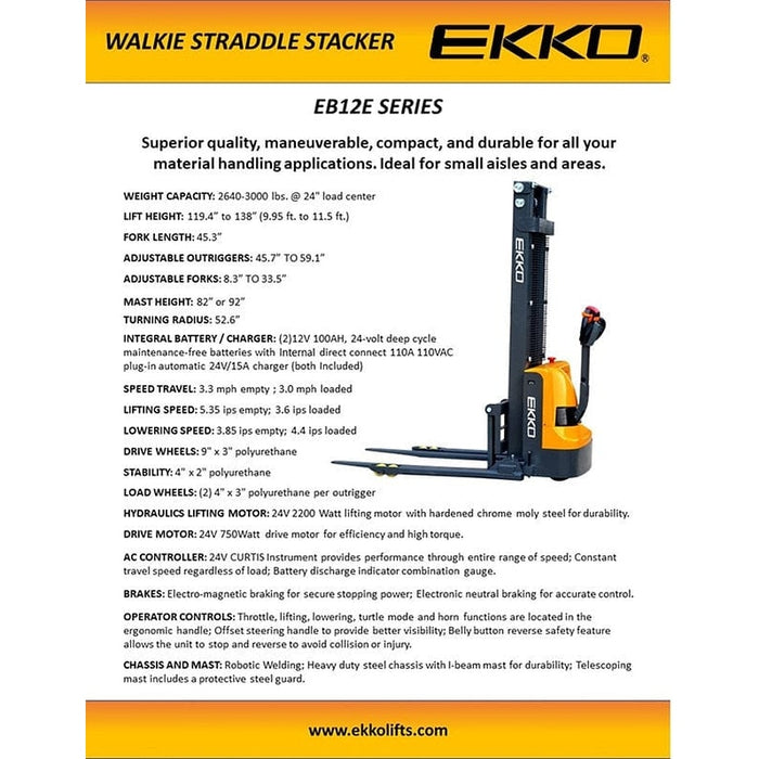 EKKO EB12E-138 Full Powered Straddle Stacker 2640 lb Cap., 138" Height