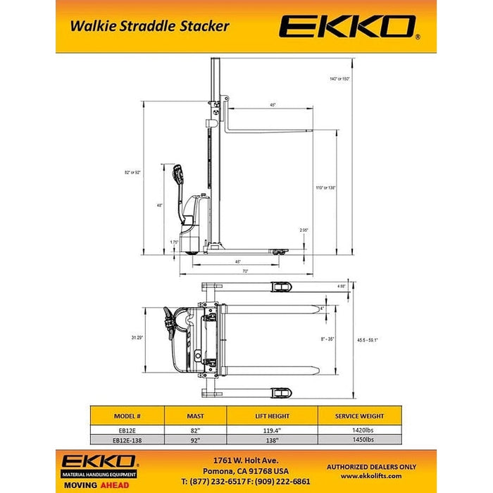 EKKO EB12E Full Powered Straddle Stacker 2640lbs. Cap., 119.4" Height