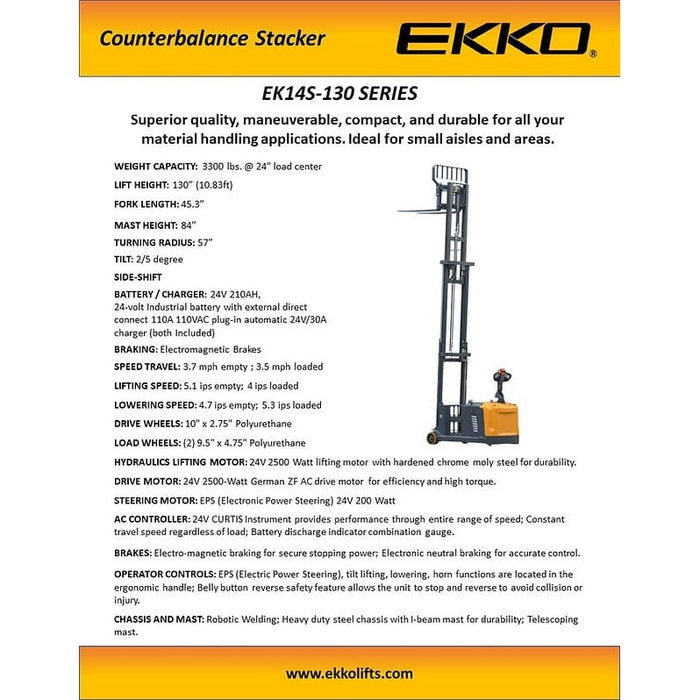 EKKO EK14S-130 Counterbalanced Walkie Stacker SIDE-SHIFTING