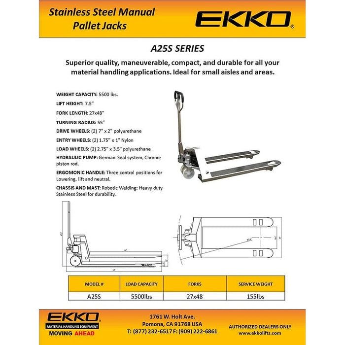 EKKO A25S Stainless Steel Manual Pallet Jack 5500lbs., Capacity