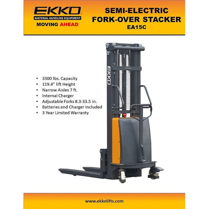 EKKO EA15C Semi-Electric Fork-Over Stacker 3300lbs. Cap., 119.3" Height