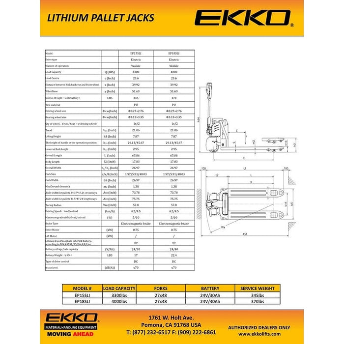 EKKO Lithium Iron Phosphate EP18SLI Pallet Jack 4000 lb Capacity