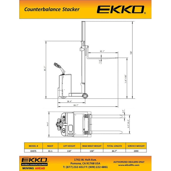 EKKO EK07S Counterbalance Walkie Stacker 1550lbs. Cap., 118" Height