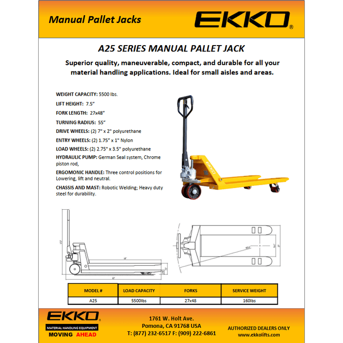 EKKO A25 Manual Pallet Jack 5500lbs., Capacity