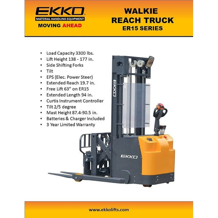 EKKO ER15L Walkie Reach Truck 3300 lb Cap., 138" Height, Side Shift