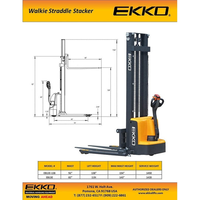 EKKO EB13E Full Powered Straddle Stacker 2800 lb Cap., 119" Height