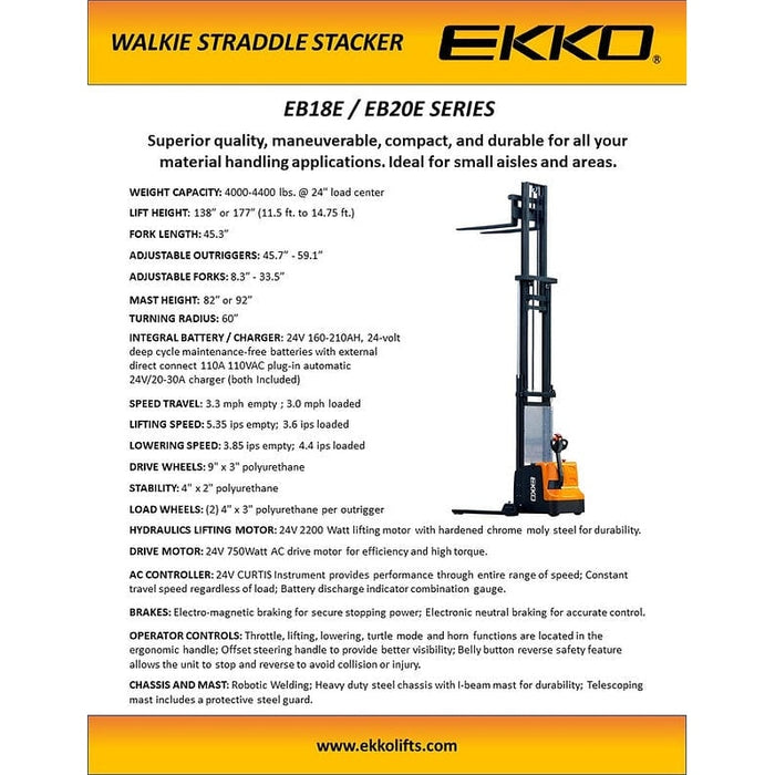 EKKO EB20E Full Powered Straddle Stacker 4400 lb Cap., 177" Height