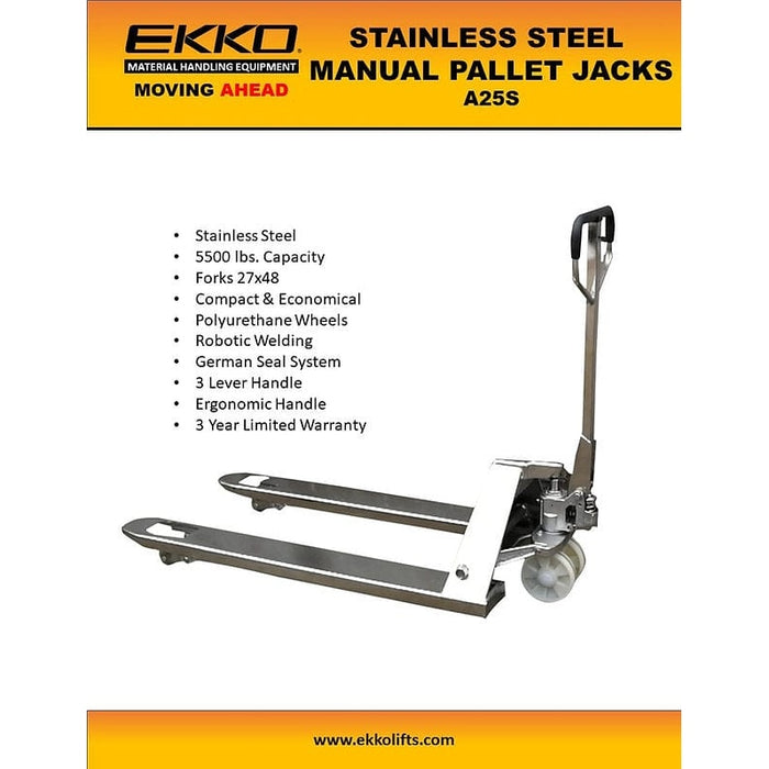 EKKO A25S Stainless Steel Manual Pallet Jack 5500lbs., Capacity