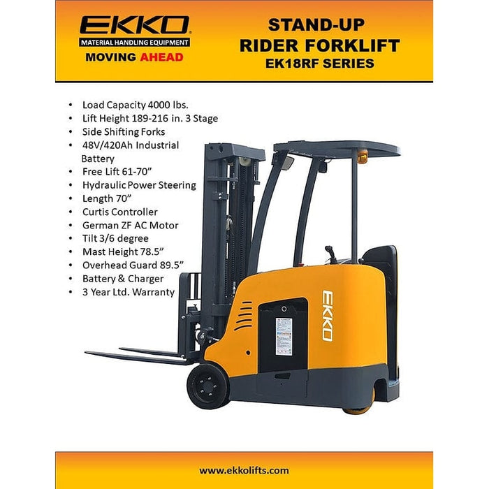 EKKO EK18RF Stand-up Rider Forklift, 4000 lb Cap., 216" Lift Ht. 48V