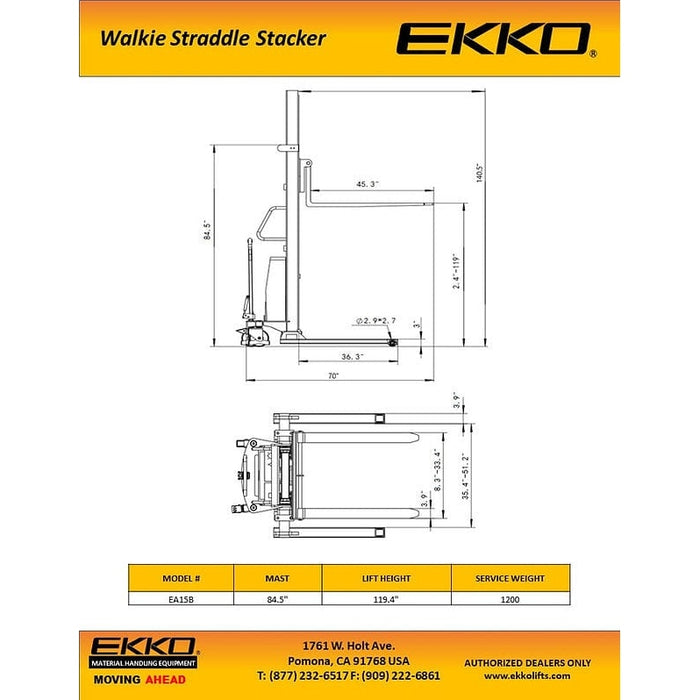 EKKO EA15B Semi-Electric Straddle Stacker 3300lbs. Cap., 119.4" Height