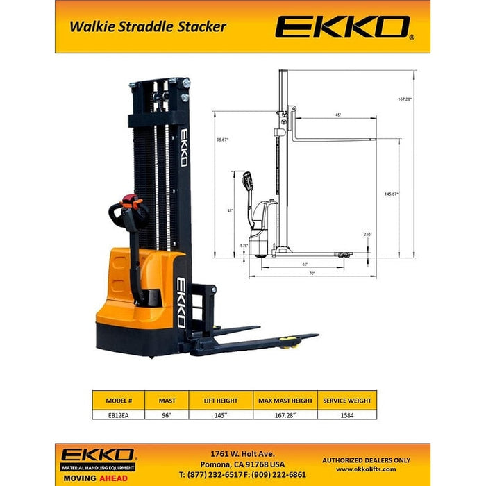 EKKO EB12EA Full Powered Straddle Stacker 3000 lb Cap., 145.67" Height