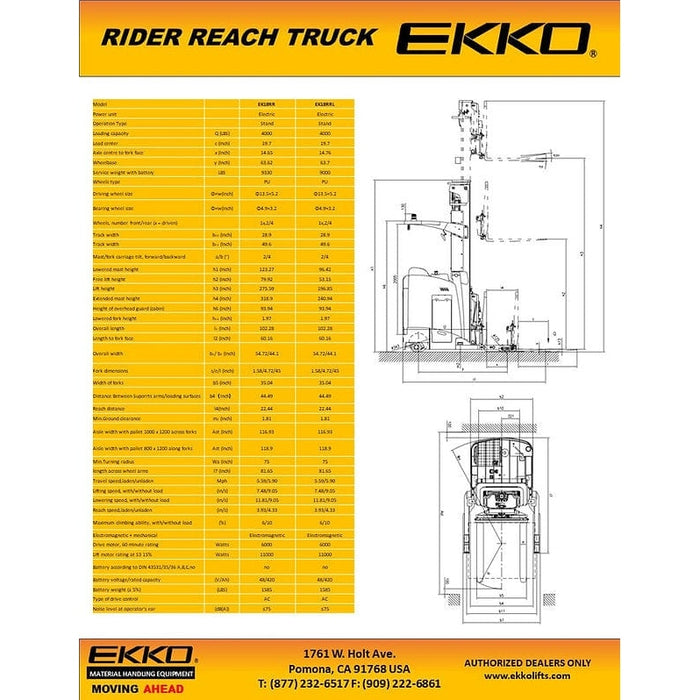 EKKO EK18RR Stand-Up NA Reach Truck 4000 lb Cap., 275"Lift Ht.