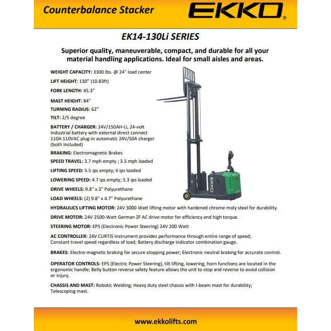 EKKO EK14S-130LI Lithium Counterbalanced Walkie Stacker SIDE-SHIFTING