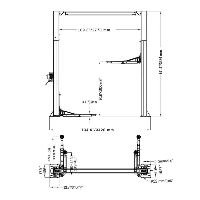 Katool KT-AS110D Two Post Asymmetrical Vehicle Lift 11,000lbs Single Point Lock Release