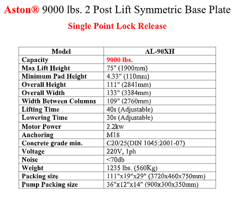 Aston 9000 lbs. 2 Post Lift Symmetric Base Plate AL-90XH 220V