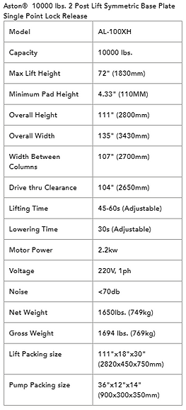 Aston 2-Post Car Lift 10000 lbs. Single Point Lock Release AL-100XH