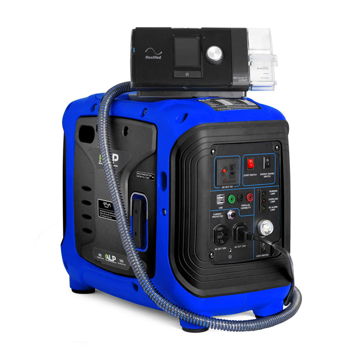 ALP 1000W Portable Powered Generator in Blue and Black Color Charging a Medical Device