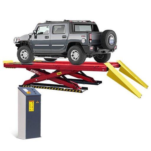 A large SUV raised on the AMGO Hydraulics AX-16A 16,000 lbs Alignment Scissor Lift platform, with a control panel to the side.