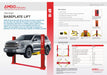 Brochure for the AMGO Hydraulics BP-10 10,000 lbs 2 Post Lift, featuring key features, specifications, and images of the lift.