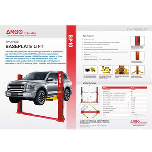 Brochure for the AMGO Hydraulics BP-10 10,000 lbs 2 Post Lift, featuring key features, specifications, and images of the lift.