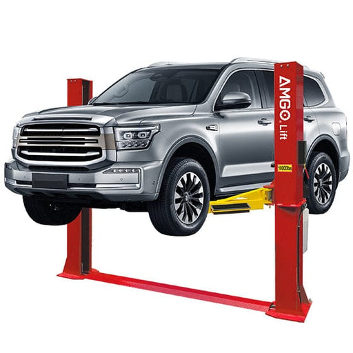 A silver SUV is elevated on an AMGO BP-10 10,000 lbs 2 Post Lift by AMGO Hydraulics, showcasing its impressive capacity in vibrant red.