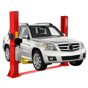 A white SUV is elevated on the red AMGO Hydraulics BP-12 12,000 lbs 2 Post Lift, a heavy-duty hydraulic car lift, for maintenance or repair.