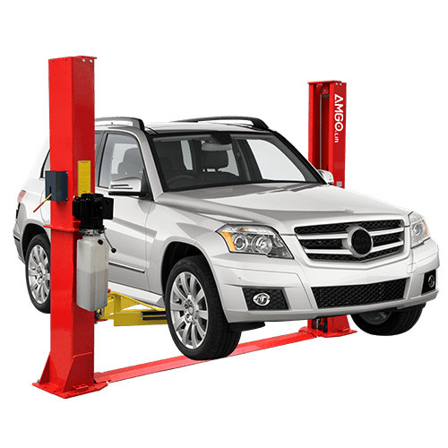 A white SUV is elevated on the red AMGO Hydraulics BP-12 12,000 lbs 2 Post Lift, a heavy-duty hydraulic car lift, for maintenance or repair.